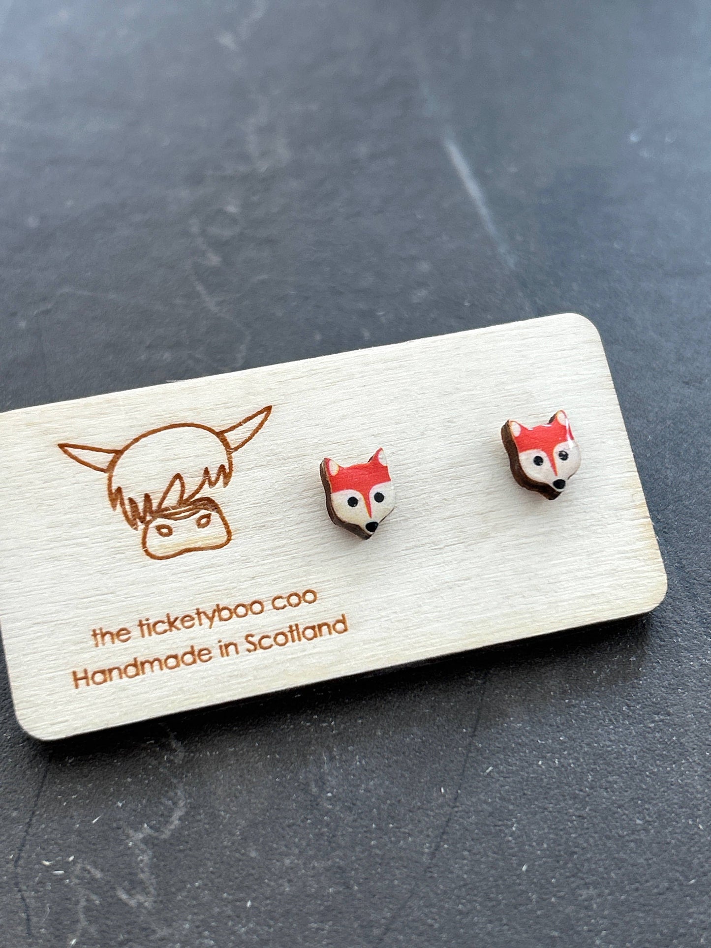 Cute Wooden Fox STUD Earrings - Made in Scotland