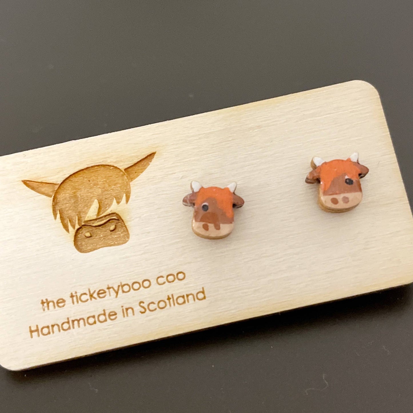 Hand-Painted Wooden Highland Cow Earrings - Made in Scotland