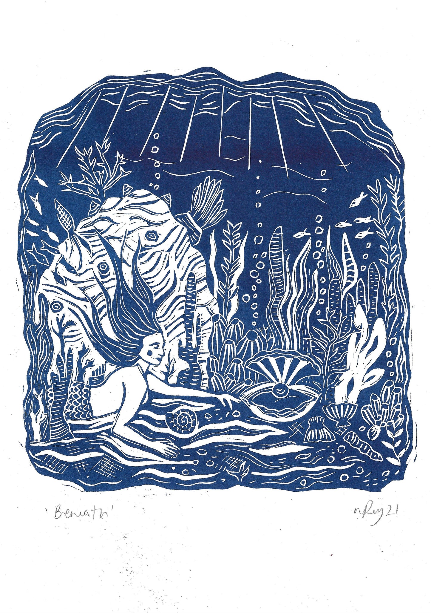 'Beneath' Riso Print *mermaid art, folklore, under the sea*