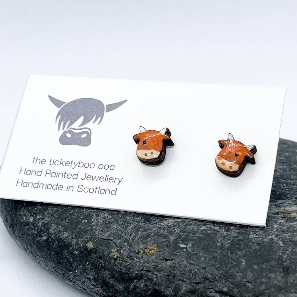 Hand-Painted Wooden Highland Cow Earrings - Made in Scotland