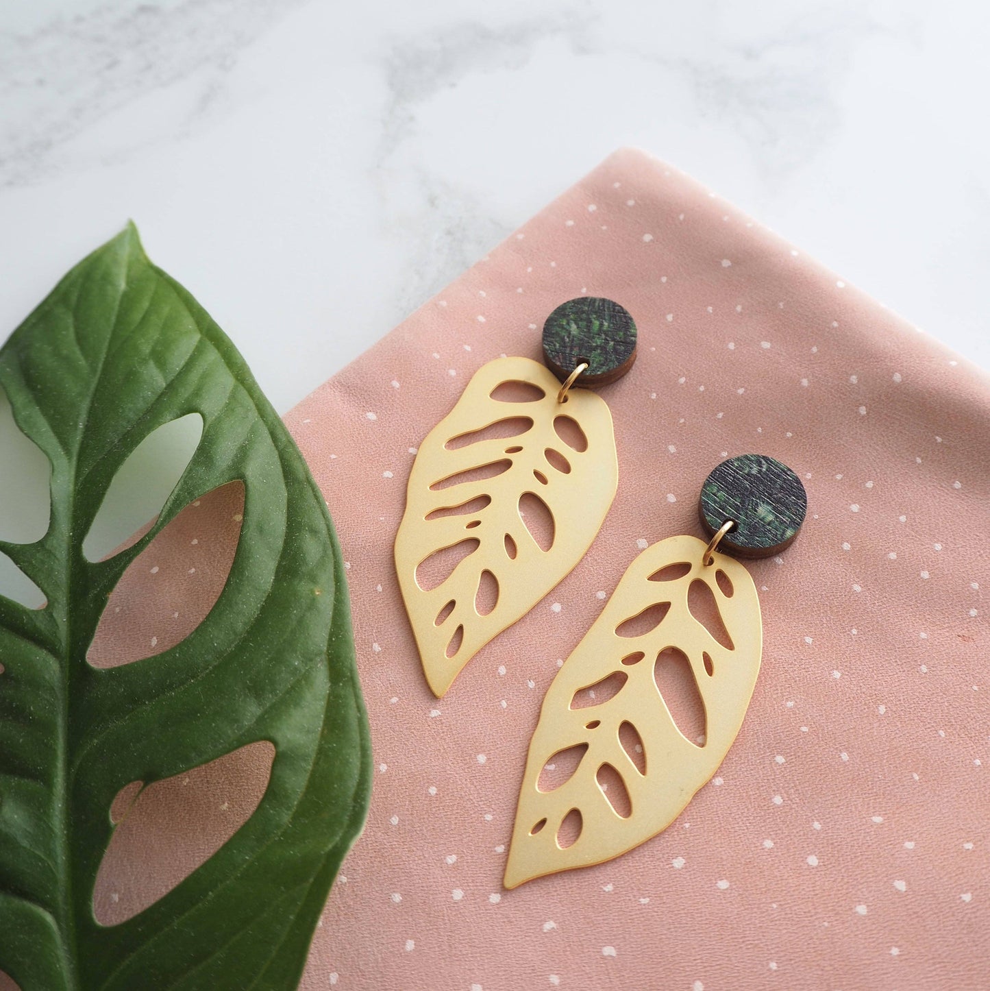 Gold Monstera Obliqua Drop Earrings
