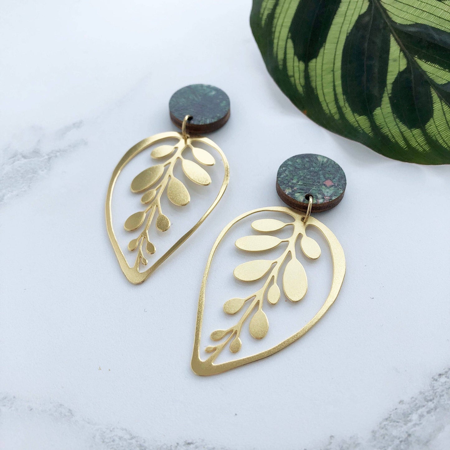 Gold Calathea Makoyana Drop Studs