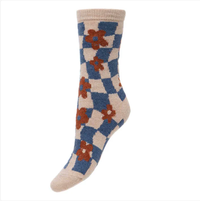 Wool Blend Socks / Blue Check & Flower (4-7UK size)