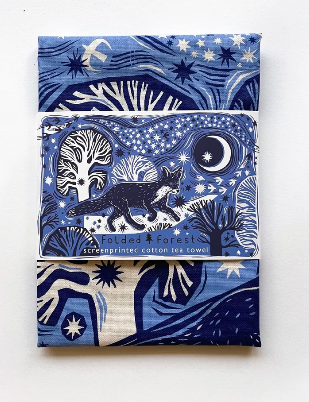 Midnight Fox Tea Towel - Blue