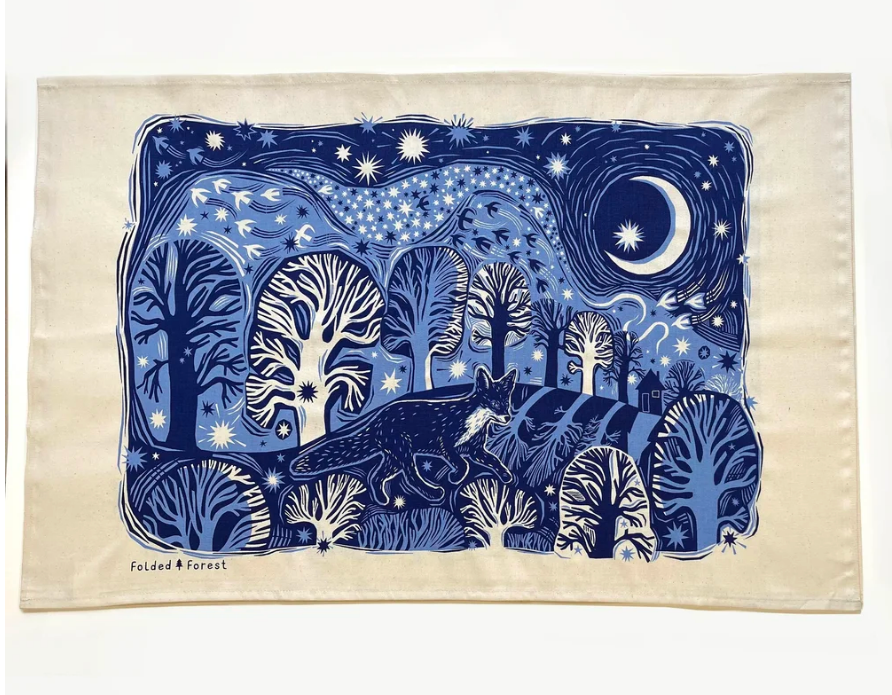 Midnight Fox Tea Towel - Blue
