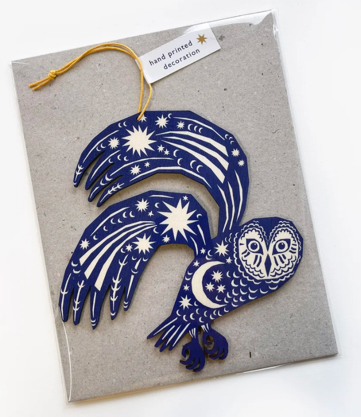 Screenprinted Wooden Decoration - Midnight Blue Owl
