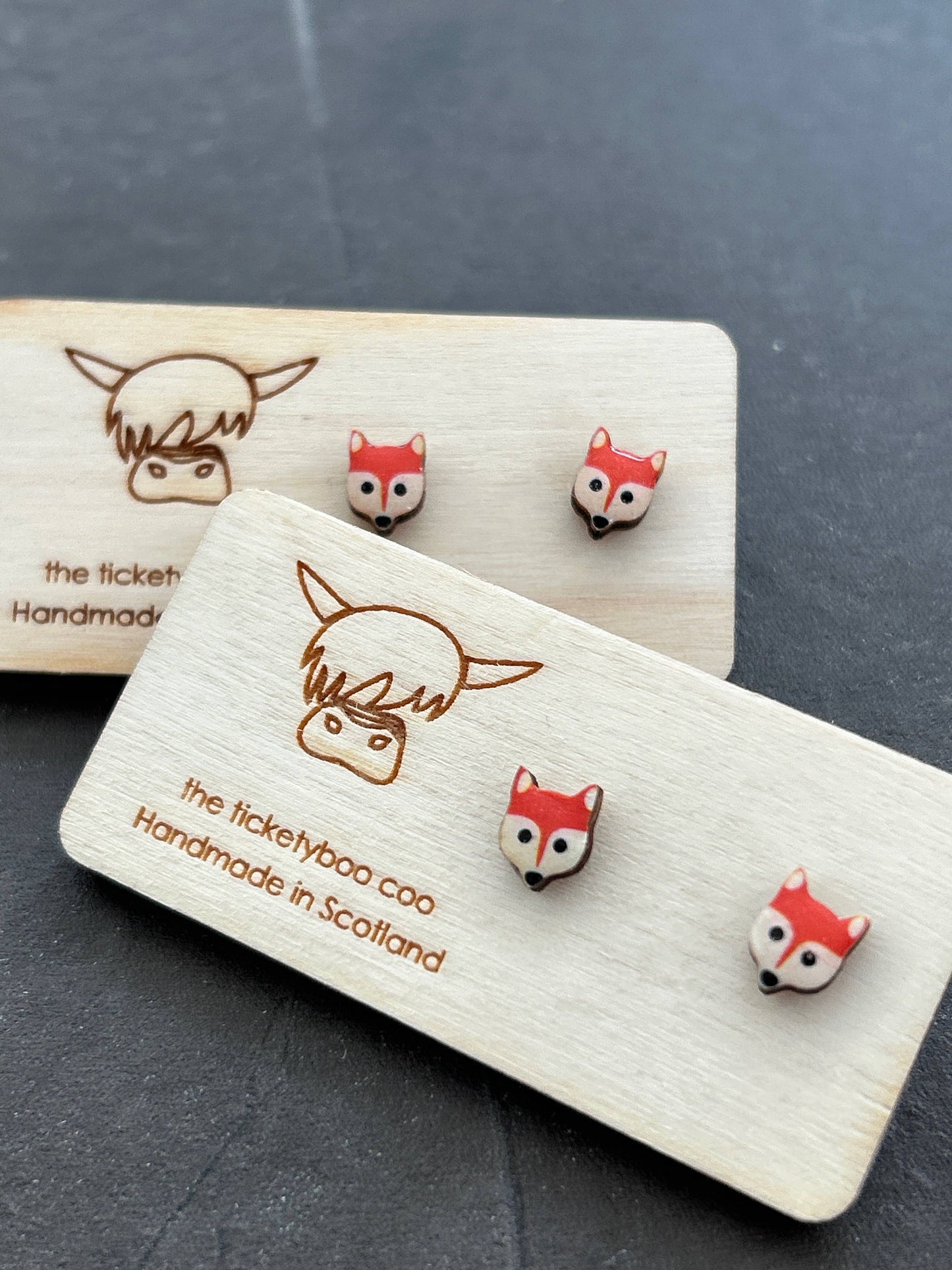Cute Wooden Fox STUD Earrings - Made in Scotland