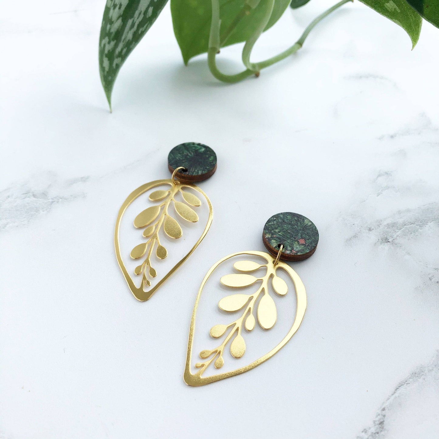 Gold Calathea Makoyana Drop Studs