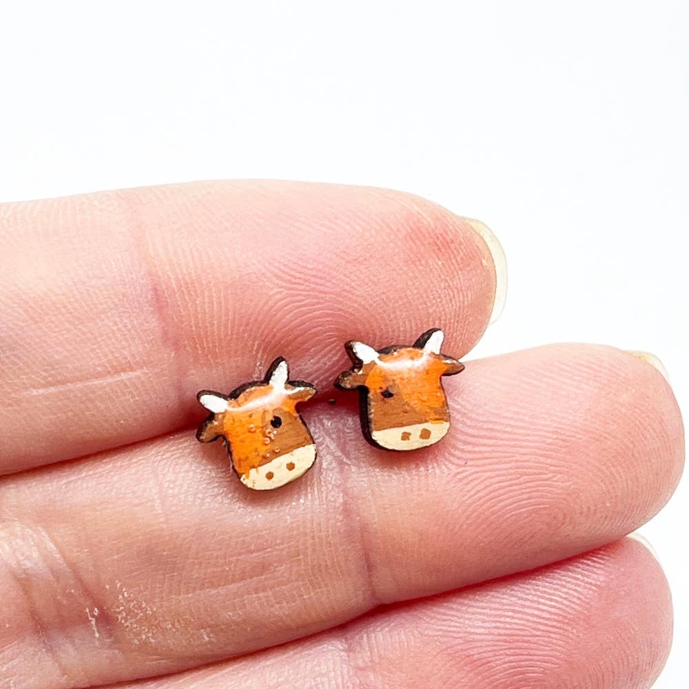 Hand-Painted Wooden Highland Cow Earrings - Made in Scotland