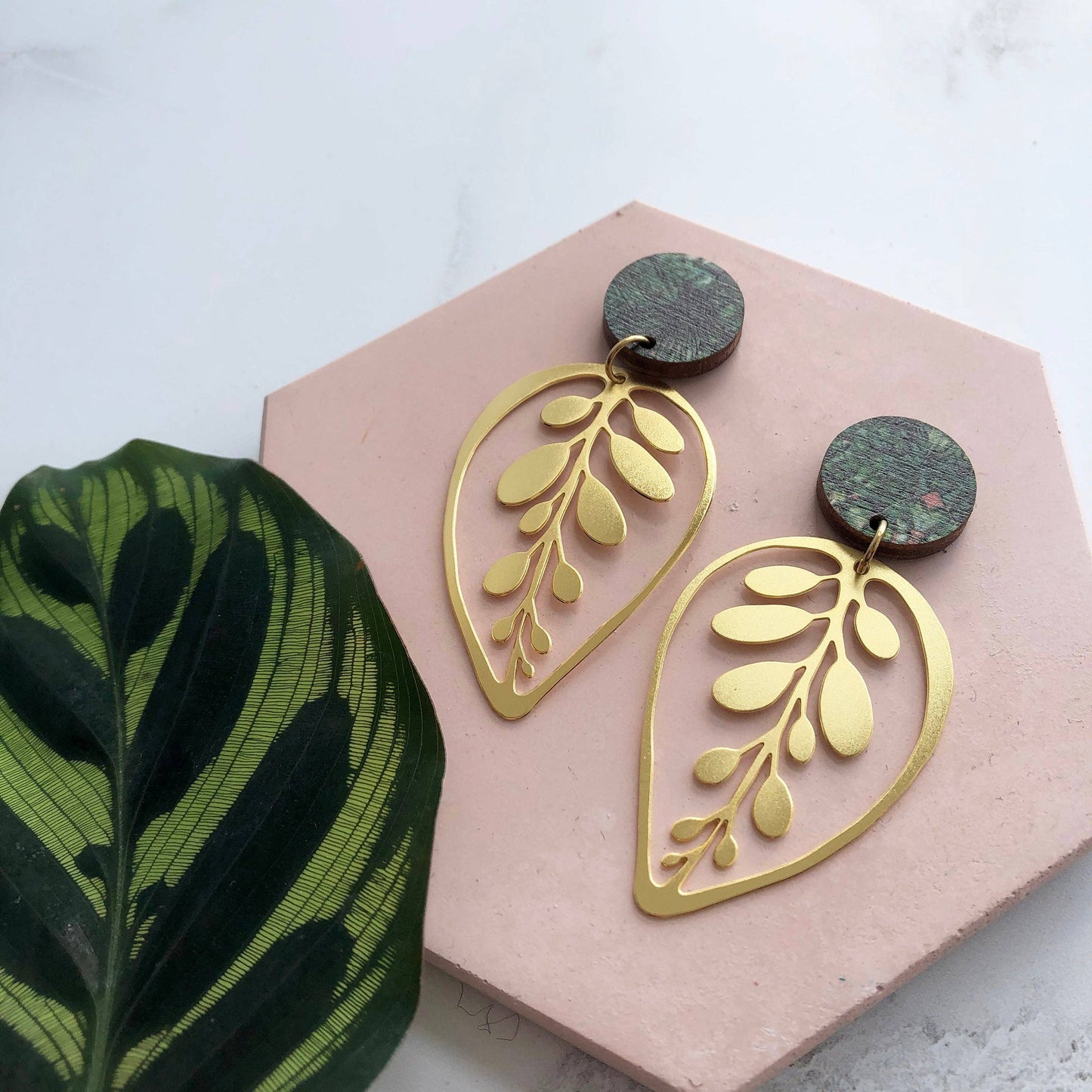 Gold Calathea Makoyana Drop Studs
