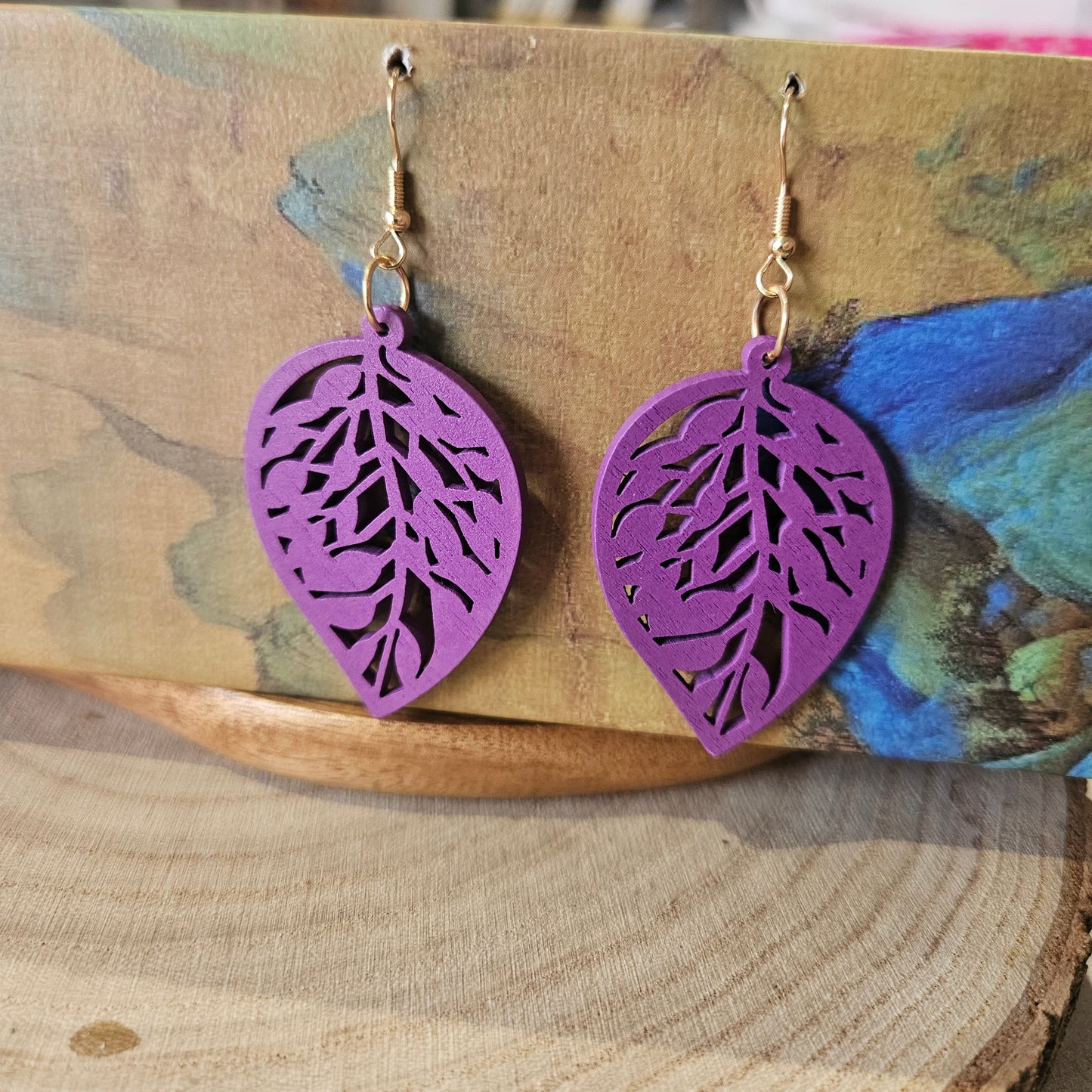 Wooden Leaf Shaped Earrings Purple