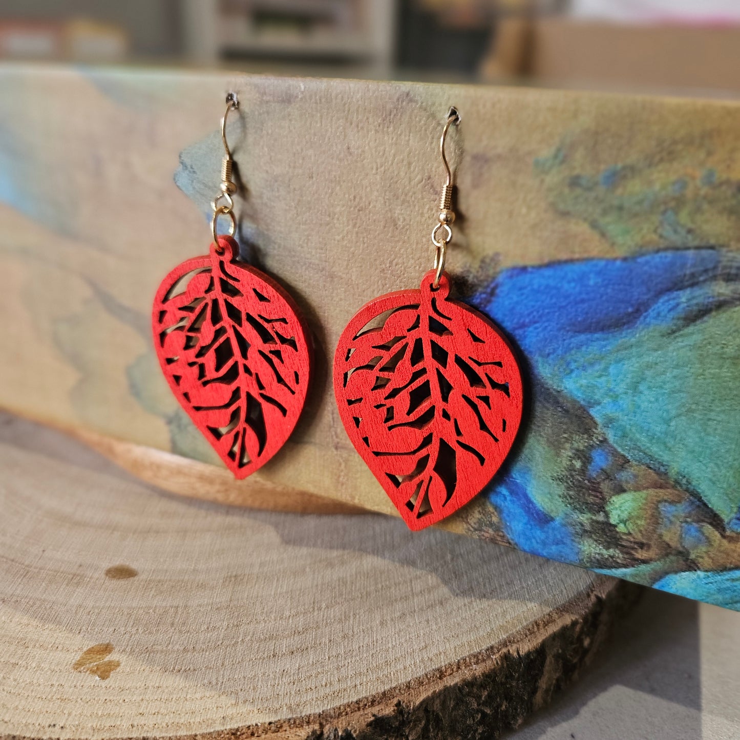 Wooden Drop Earrings Red Leaf