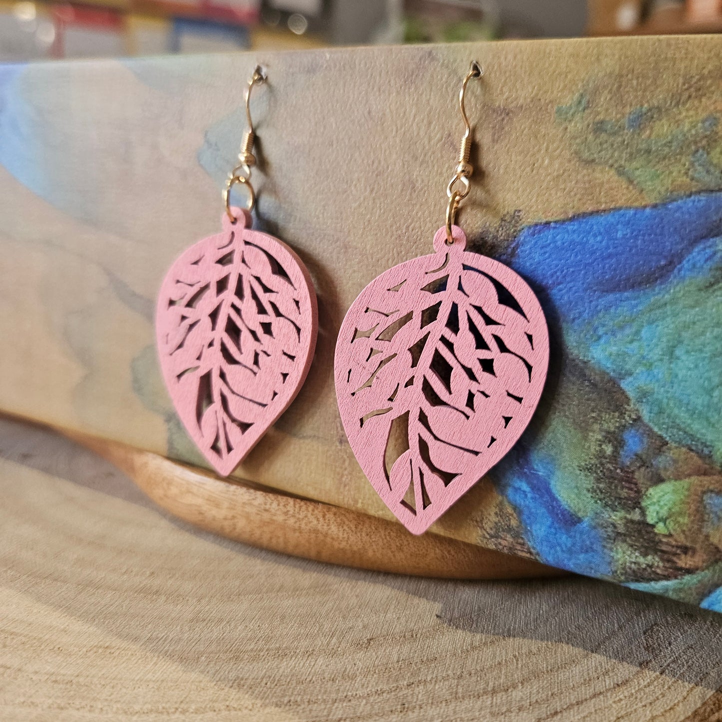 Wooden Leaf Shaped Earrings Pink