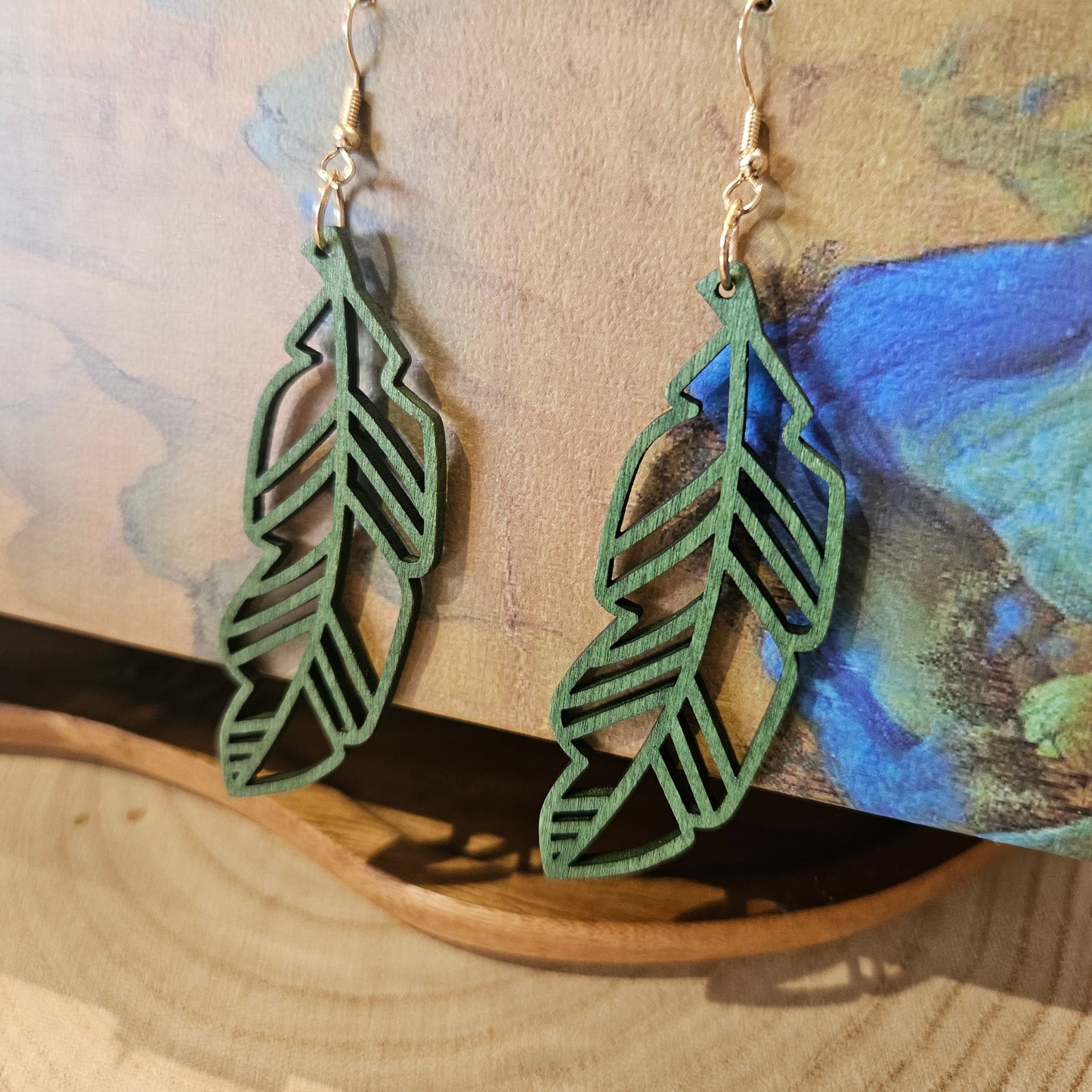 Wooden Leaf Shaped Earrings Green