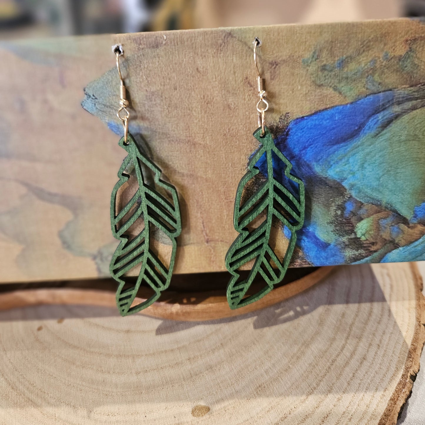 Wooden Leaf Shaped Earrings Green