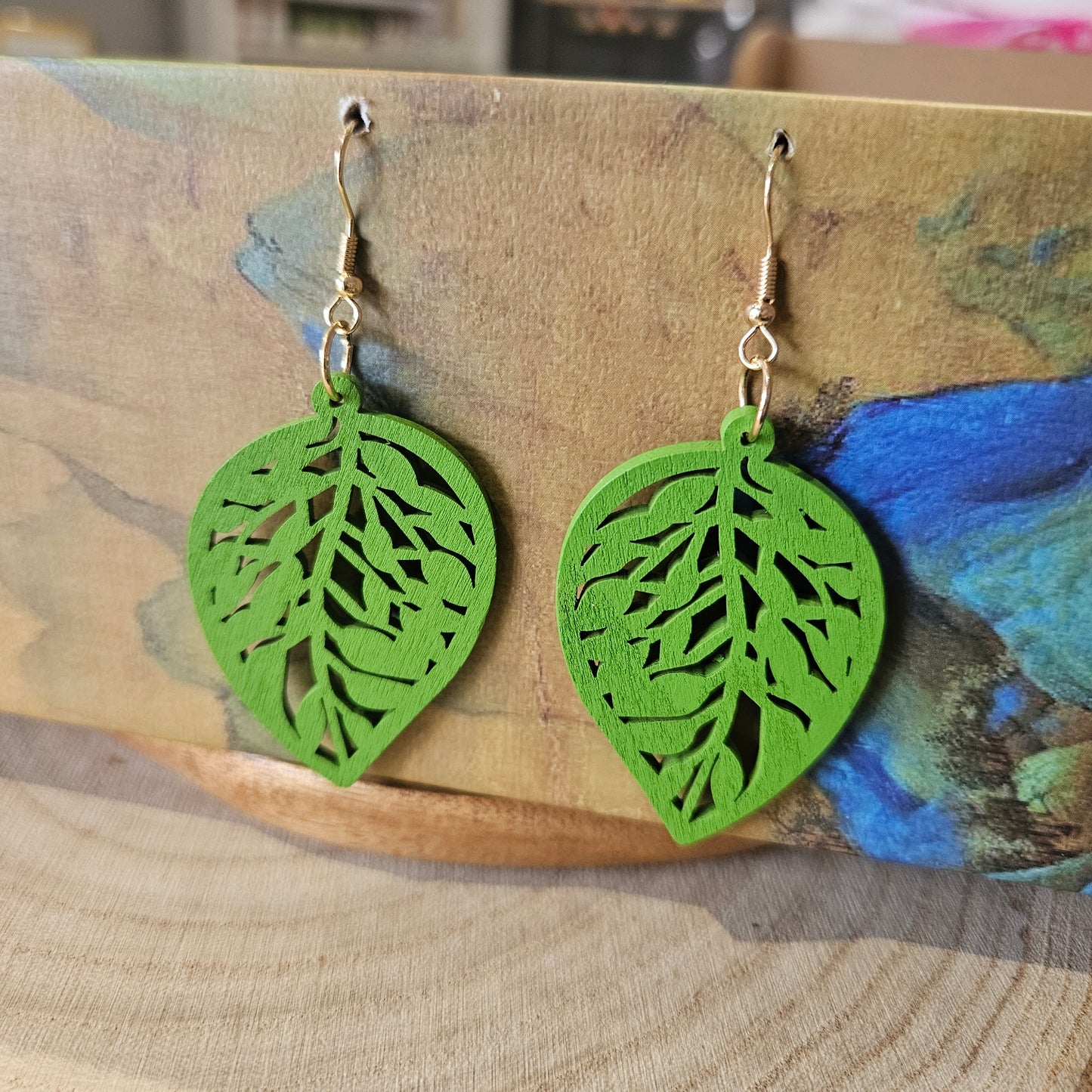 Wooden Leaf Shaped Earrings Bold Green