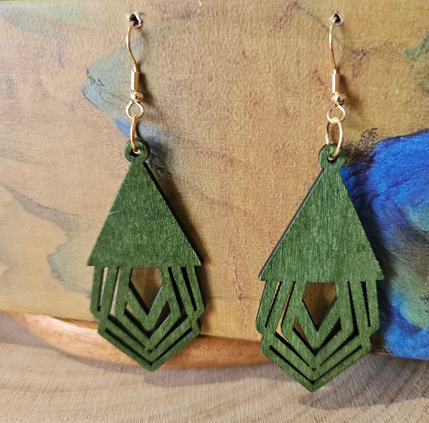 Wooden Geometric Earrings Green