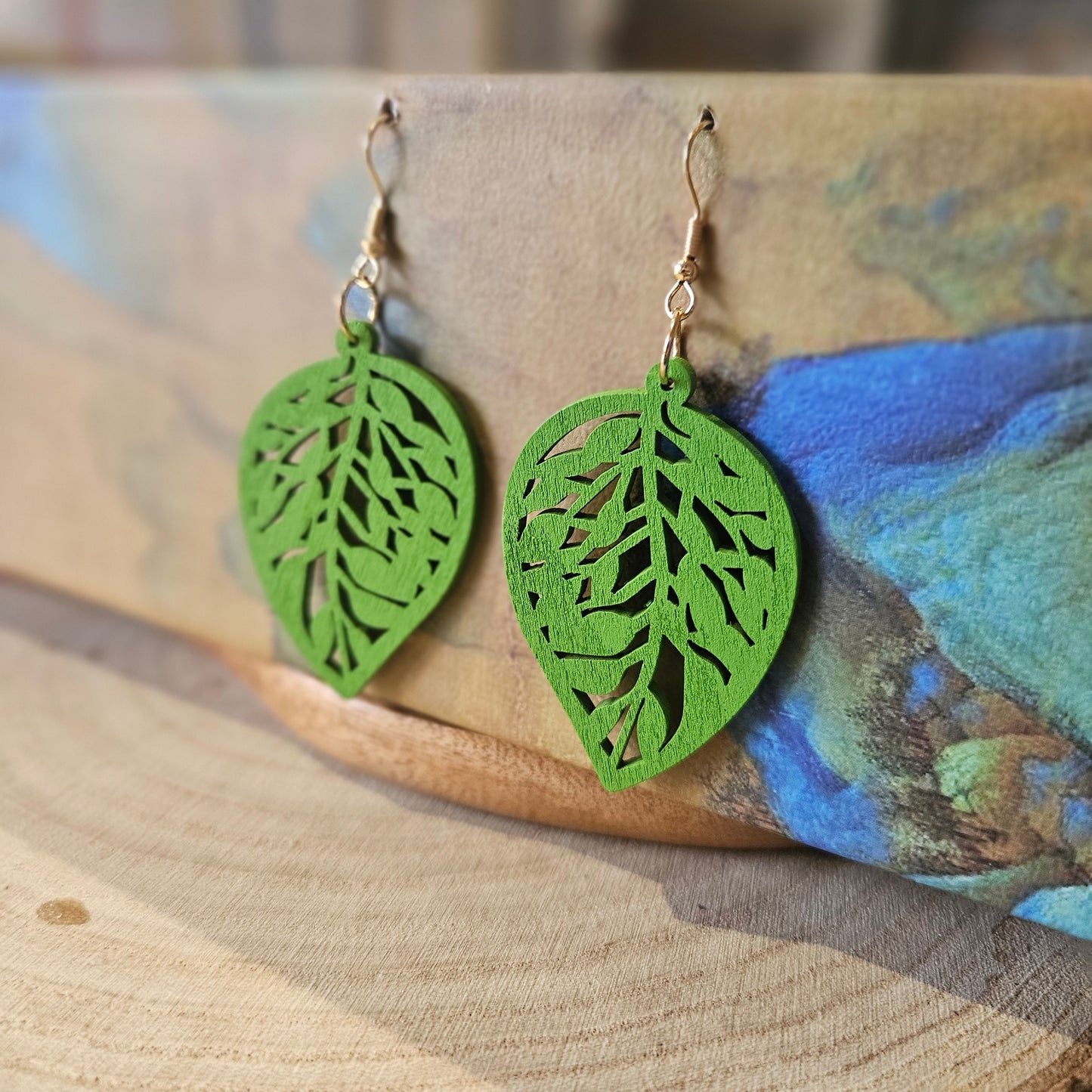 Wooden Leaf Shaped Earrings Bold Green