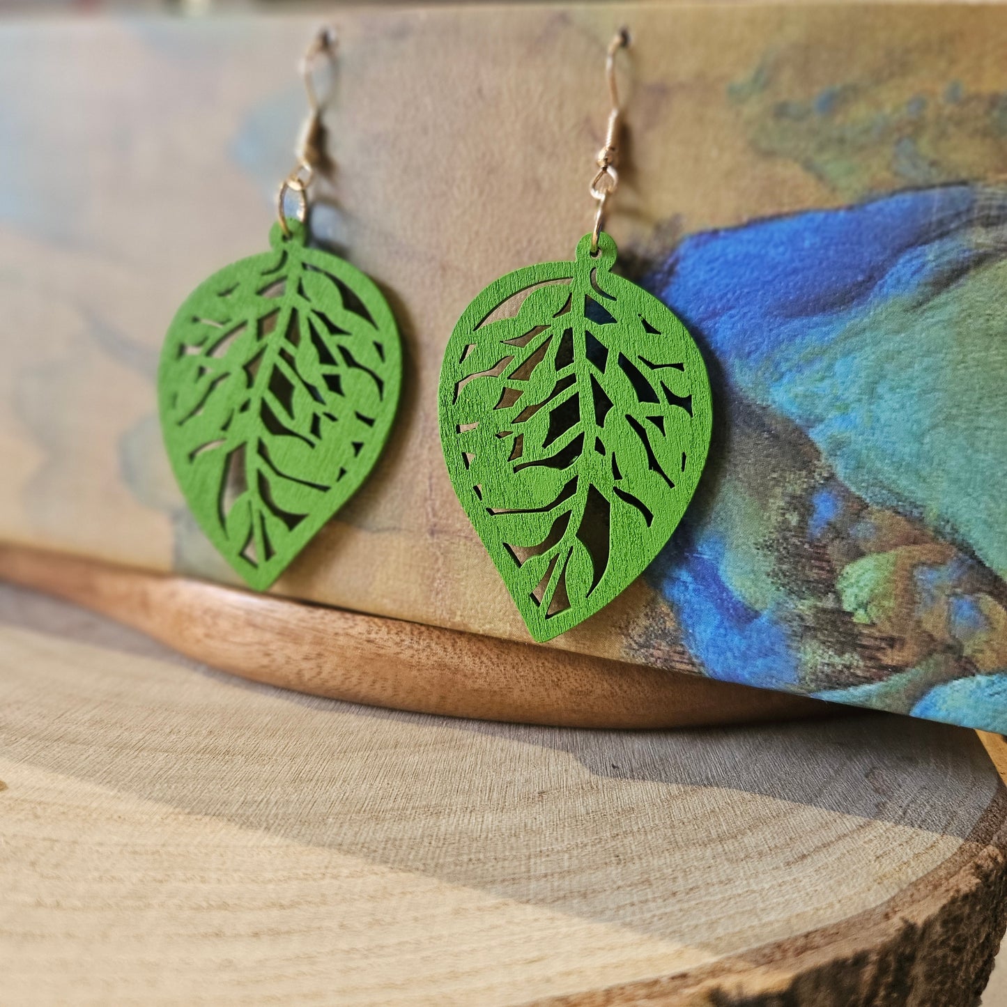 Wooden Leaf Shaped Earrings Bold Green