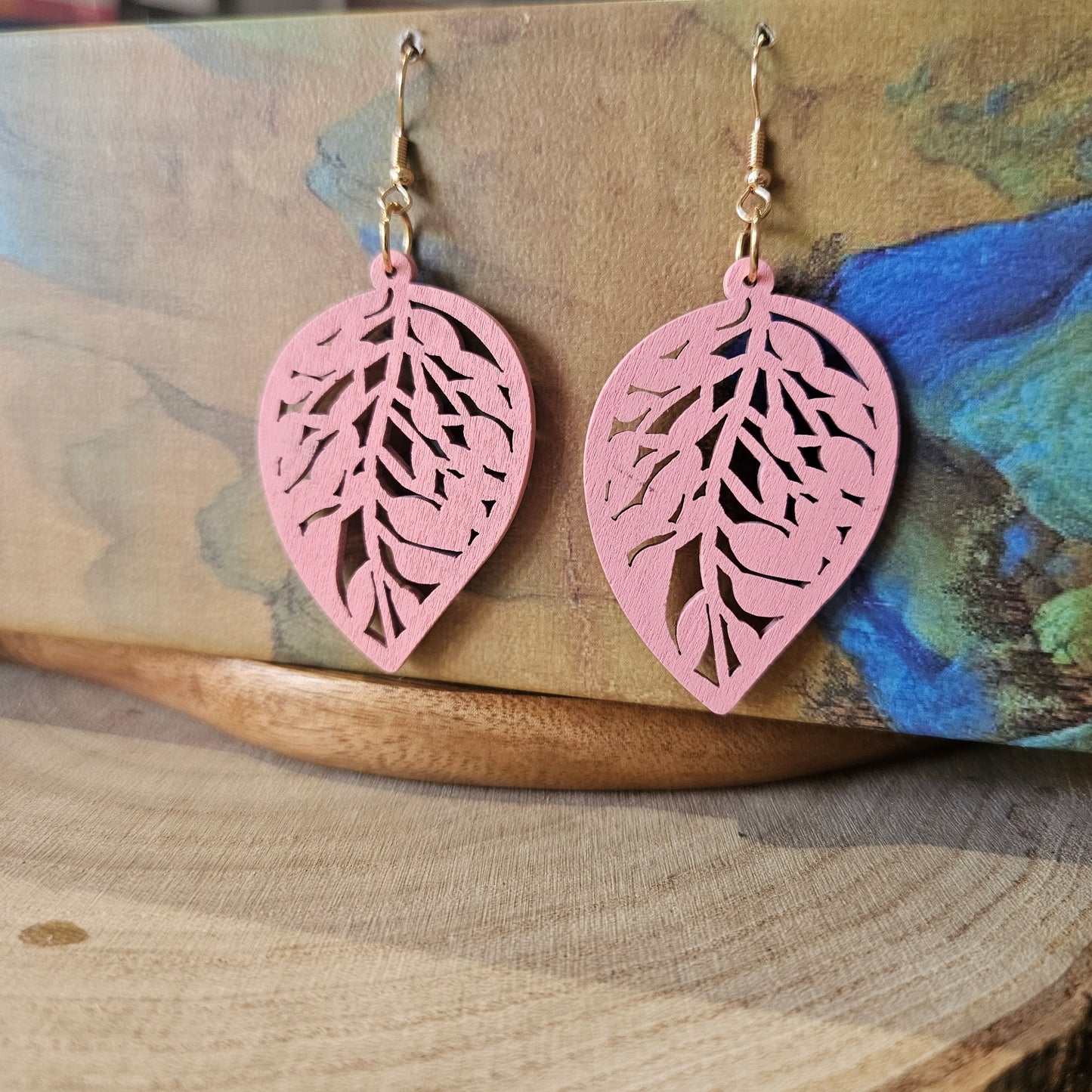 Wooden Leaf Shaped Earrings Pink