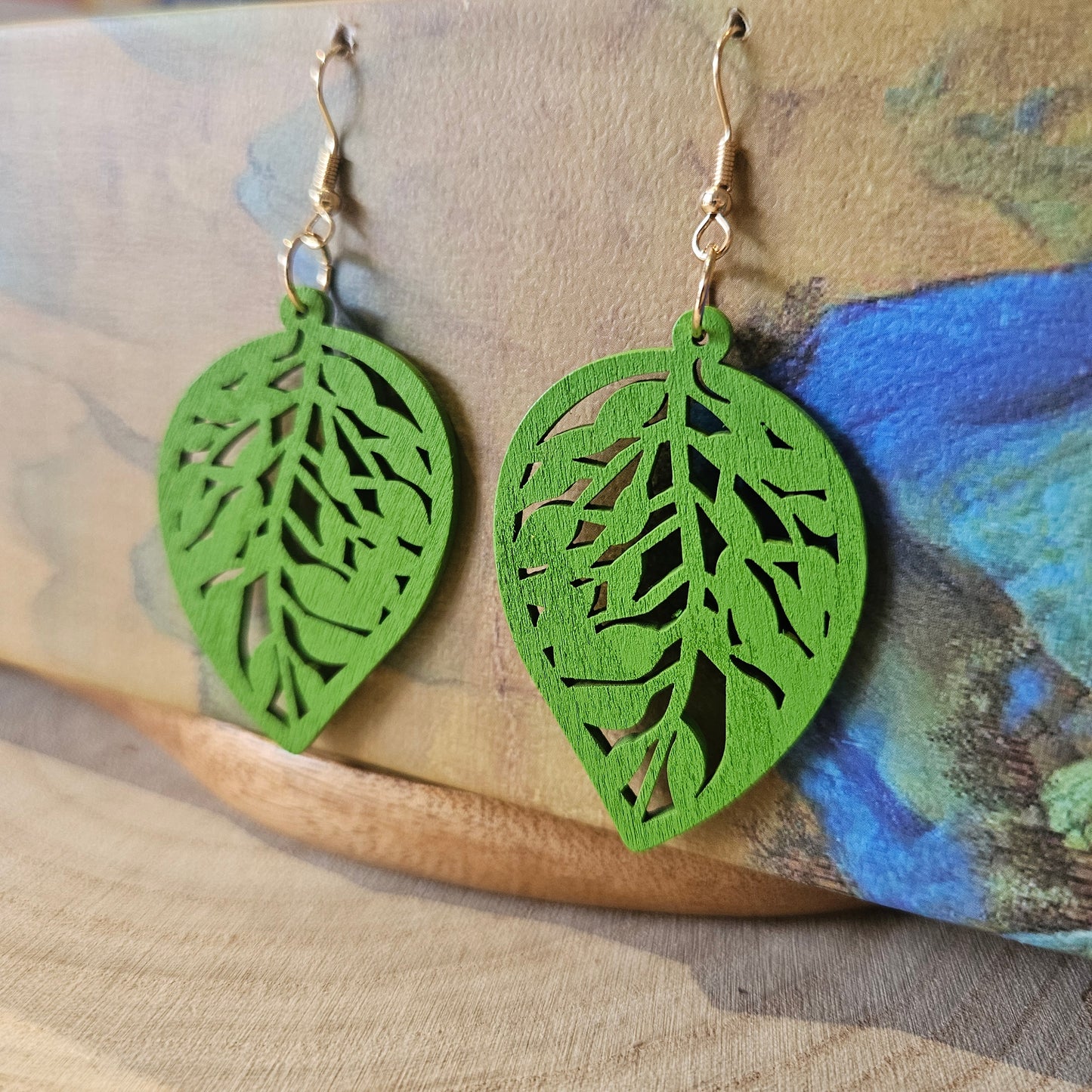 Wooden Leaf Shaped Earrings Bold Green