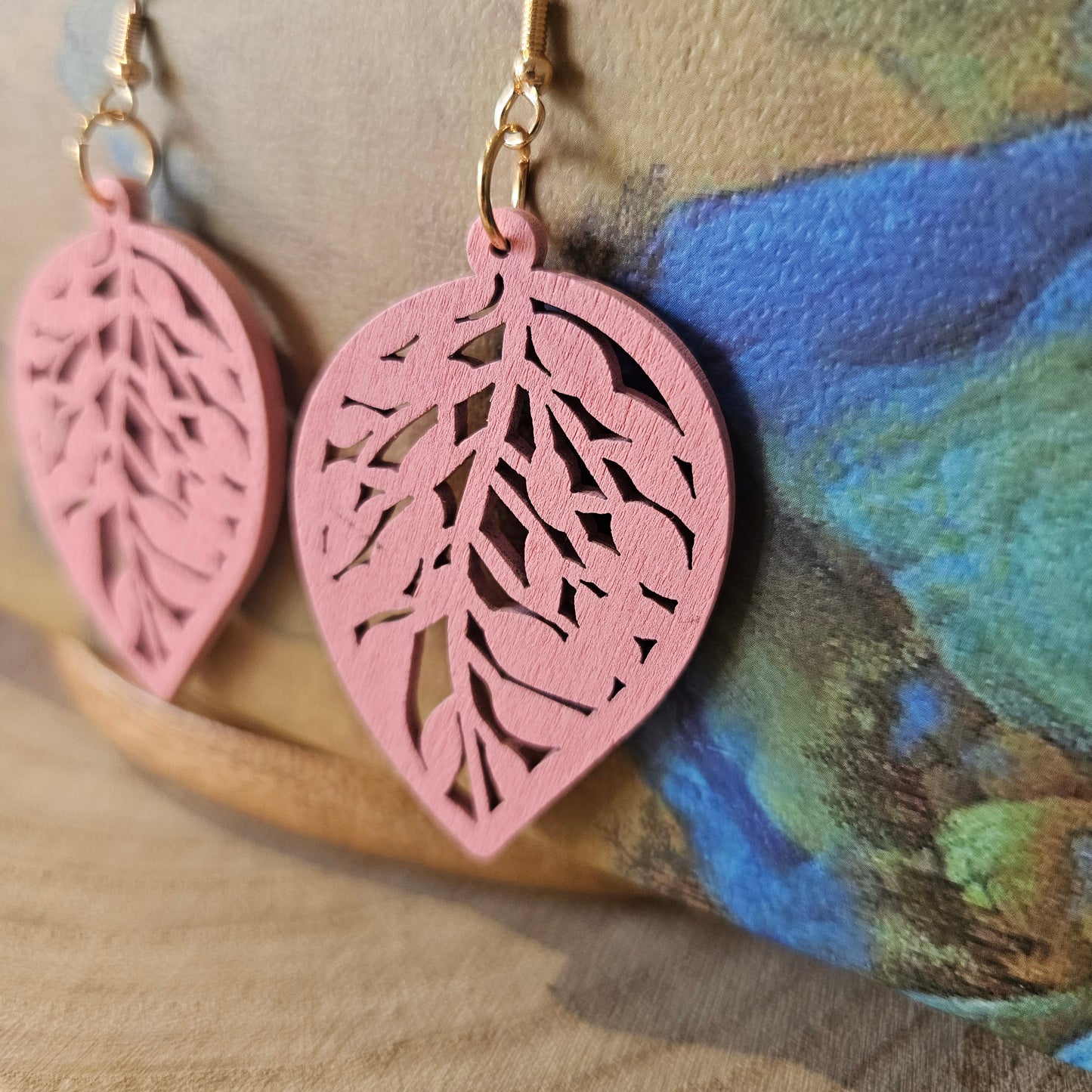 Wooden Leaf Shaped Earrings Pink