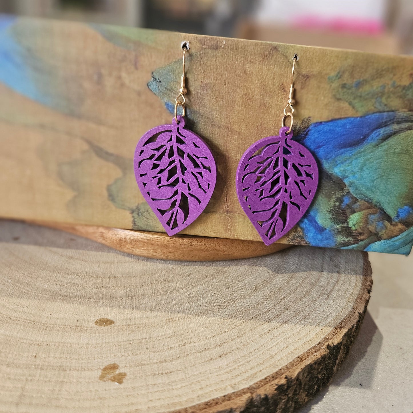 Wooden Leaf Shaped Earrings Purple