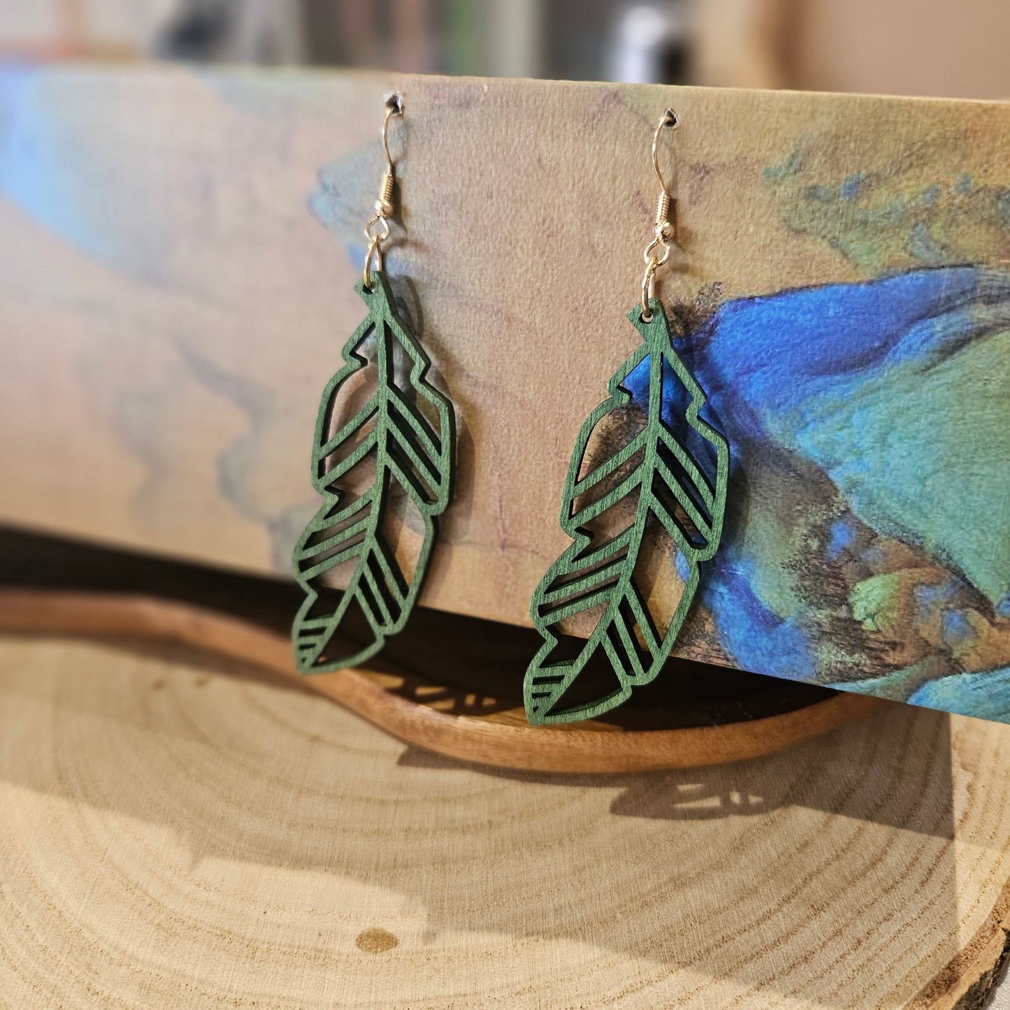 Wooden Leaf Shaped Earrings Green