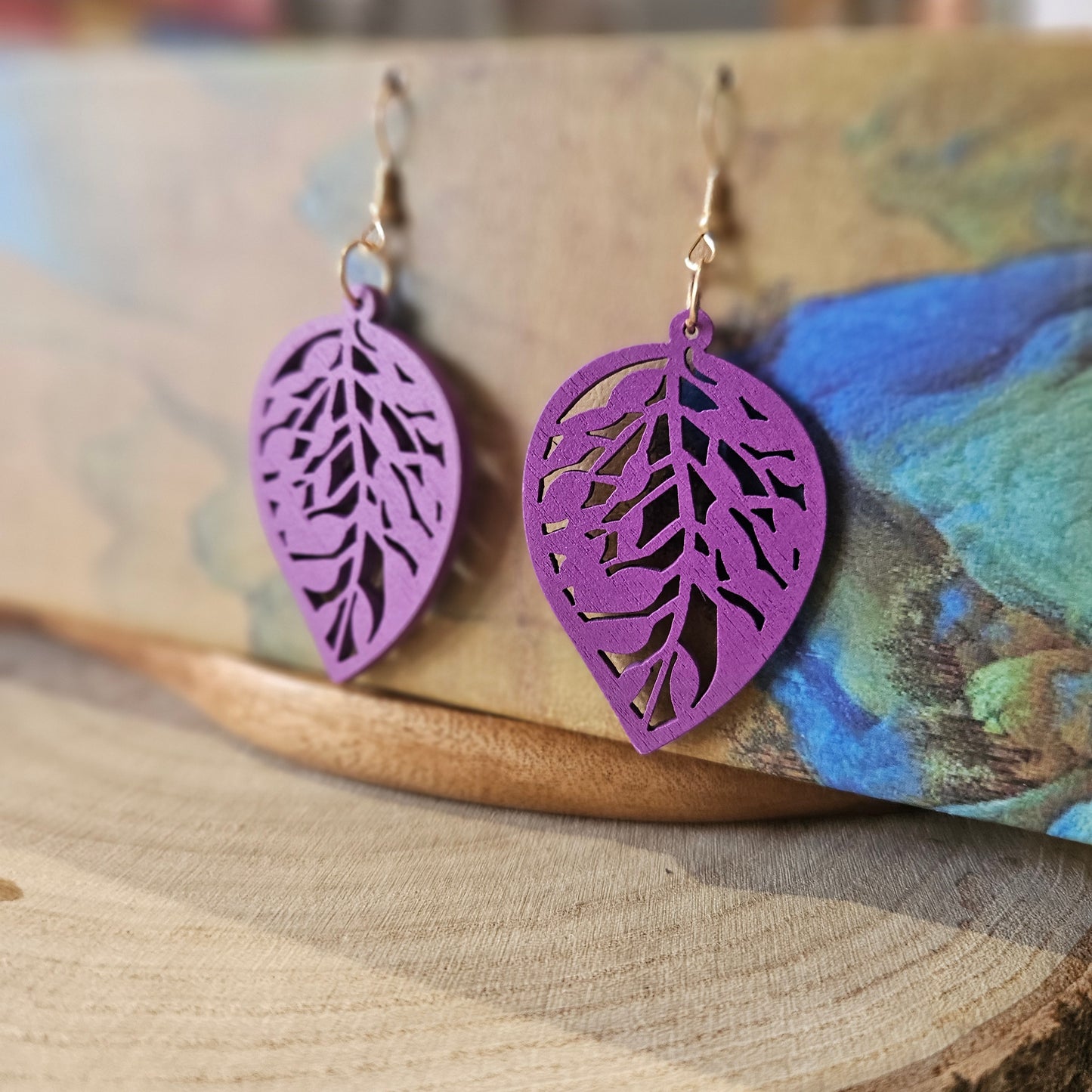 Wooden Leaf Shaped Earrings Purple