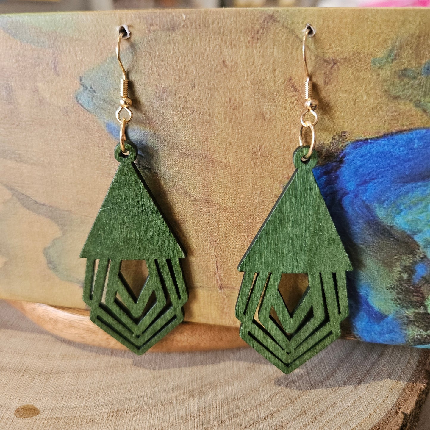Wooden Geometric Earrings Green