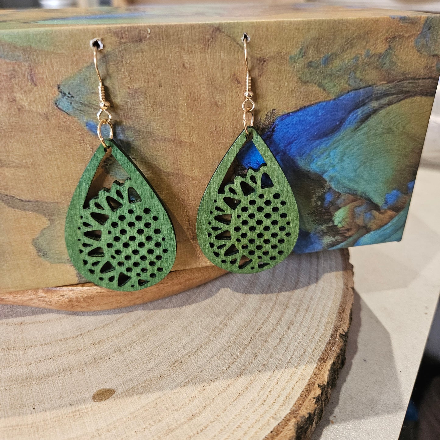 Wooden Flower Inpo Earrings Green