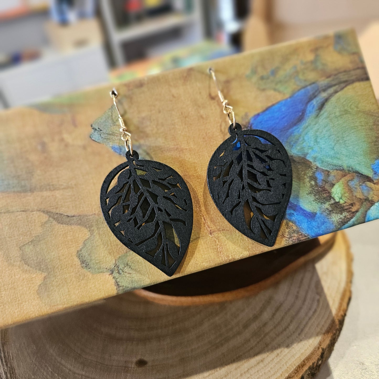 Wooden Drop Leaf Earrings Black