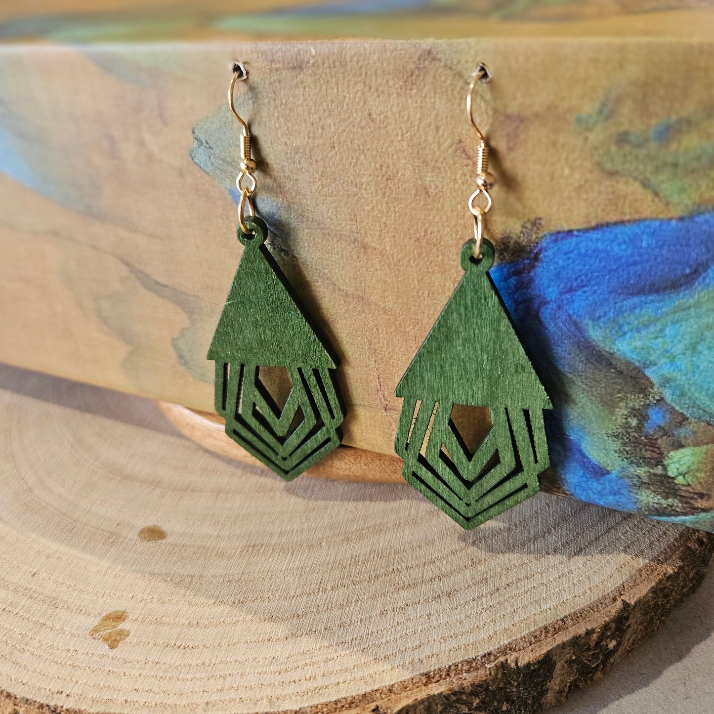 Wooden Geometric Earrings Green