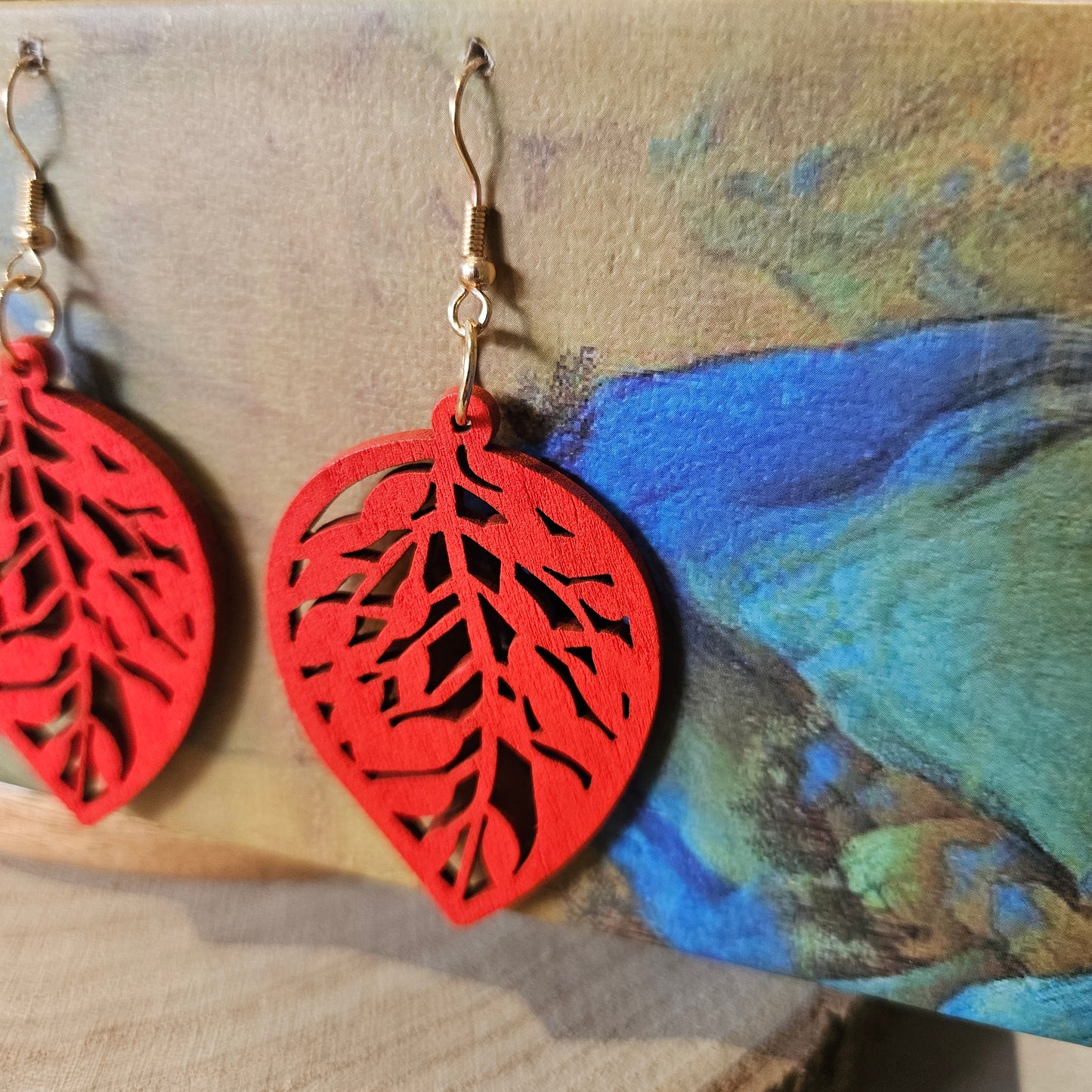 Wooden Drop Earrings Red Leaf