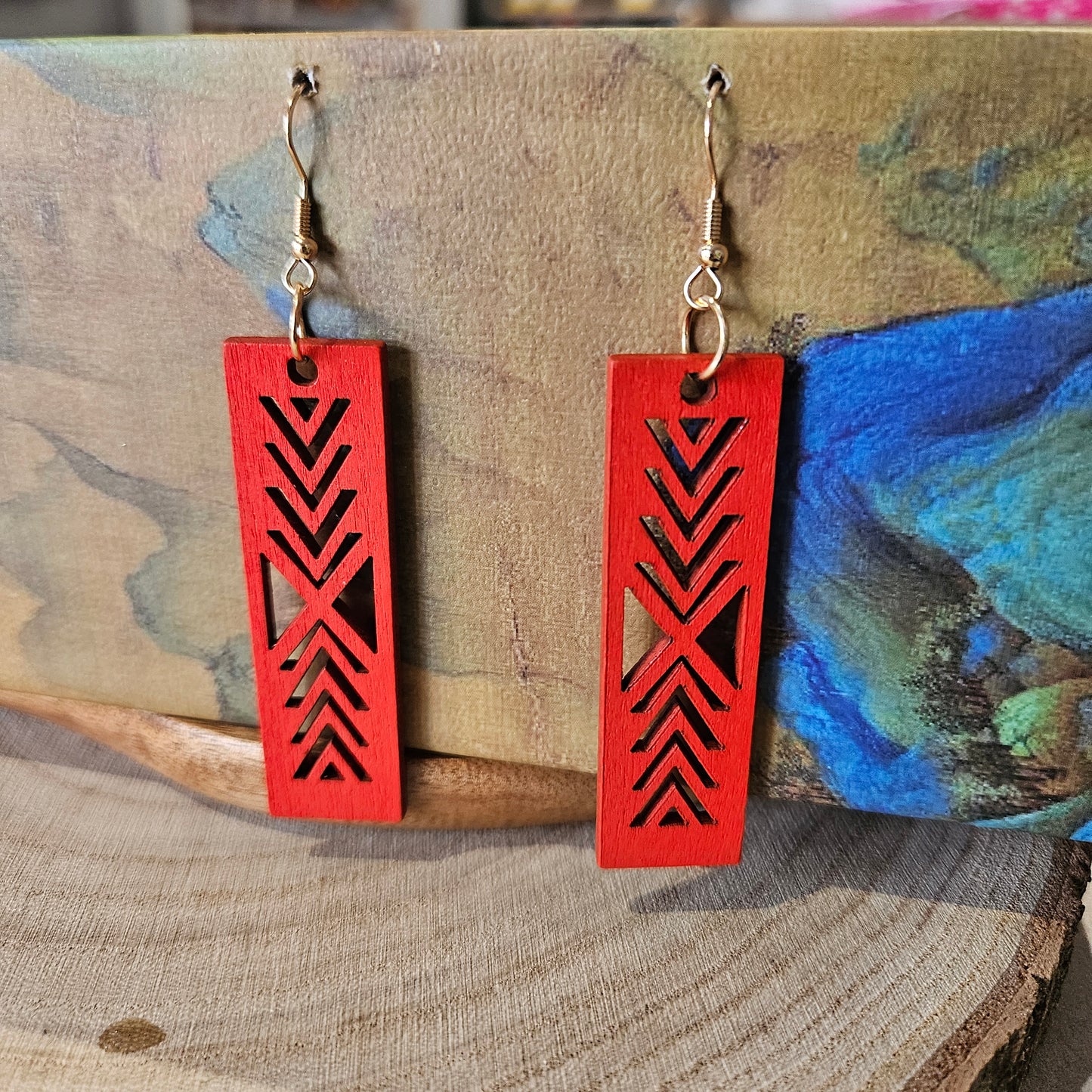 Wooden Geometric Earrings RED
