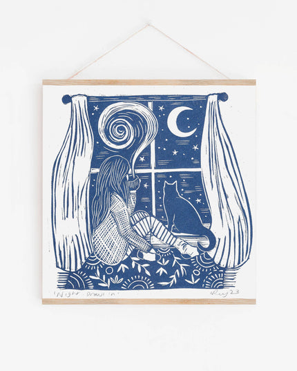 Night Draws In Riso Print * Lino Art / Cat Love
