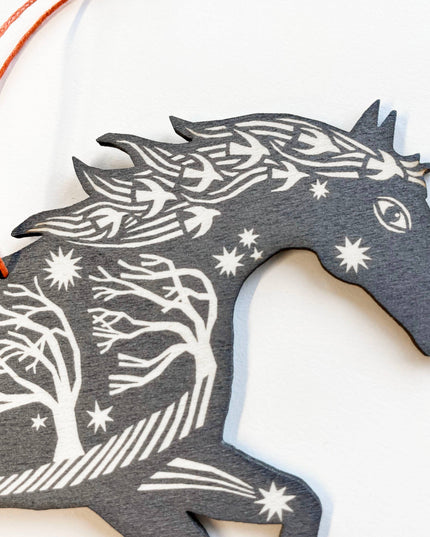 Screenprinted Wooden Decoration - Horse - Grey