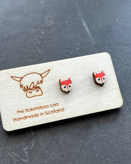Cute Wooden Fox STUD Earrings - Made in Scotland