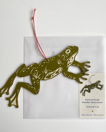 Screenprinted Wooden Decoration - Jumping Frog - Olive Green