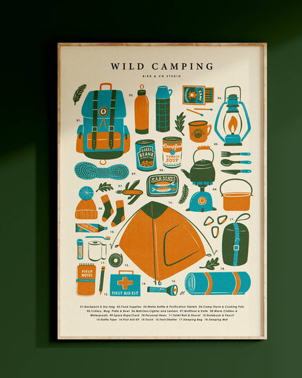 Wild Camping Kit Essentials | Retro Adventure Art Print (A4)
