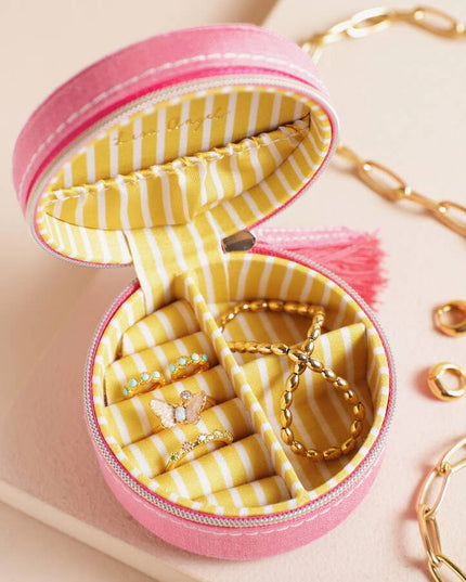 Strawberry Embroidered Travel Round Jewellery Case in Pink