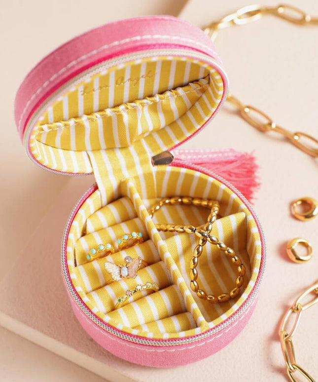 Strawberry Embroidered Travel Round Jewellery Case in Pink