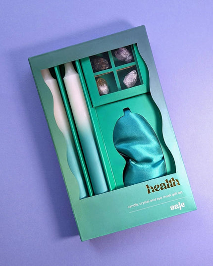 Saje Health Candle, Crystal & Eye Mask Set - Includes Two Candles and Four Crystal Stones