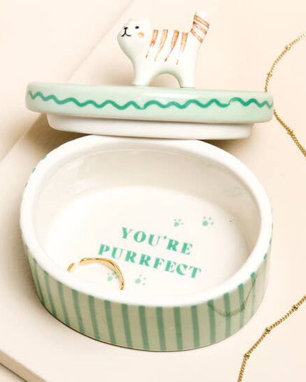 Green Oval Ceramic Cat Trinket Pot