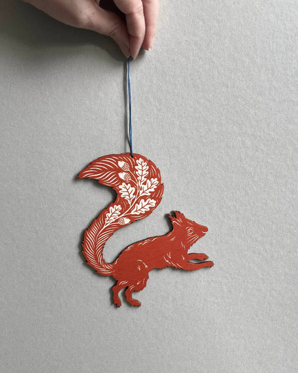 Screenprinted Wooden Decoration - Squirrel - Rusty Red