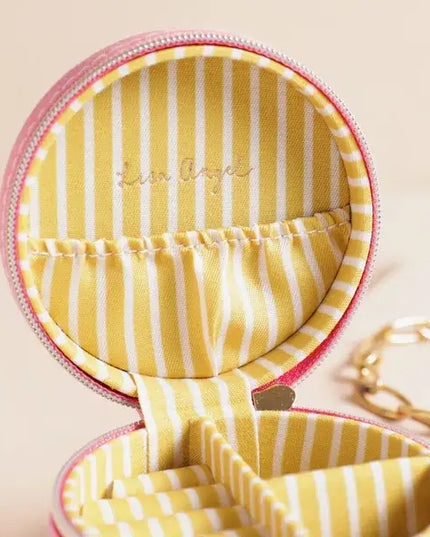 Strawberry Embroidered Travel Round Jewellery Case in Pink