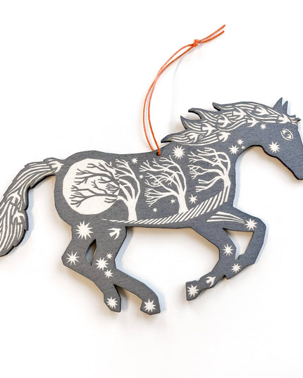 Screenprinted Wooden Decoration - Horse - Grey
