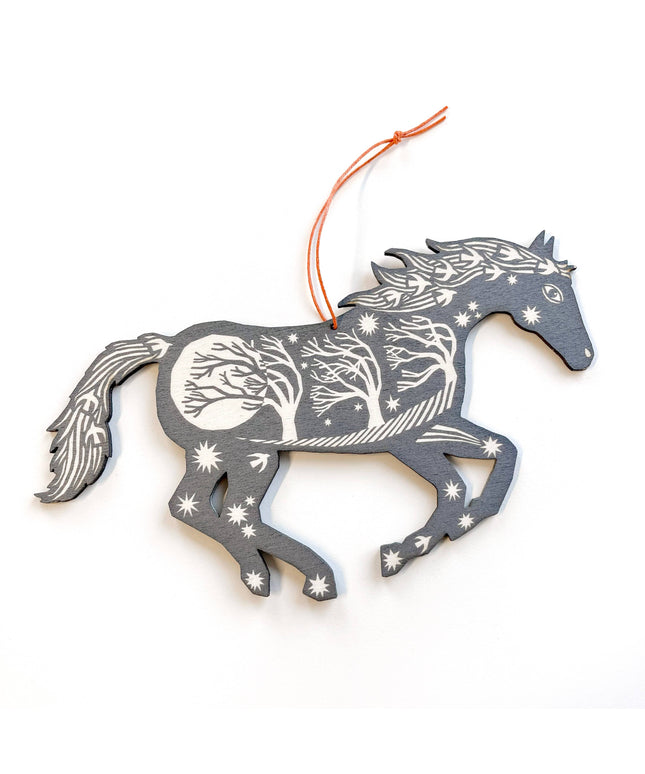 Screenprinted Wooden Decoration - Horse - Grey