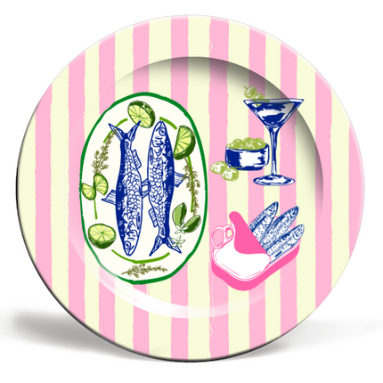 Plates, Sardines and Martini Pink Stripes Retro Coastal by E