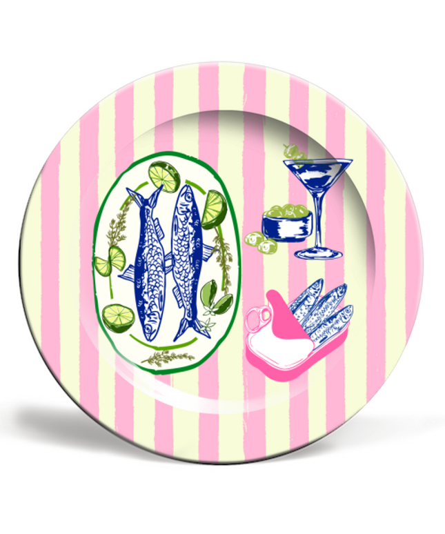 Plates, Sardines and Martini Pink Stripes Retro Coastal by E